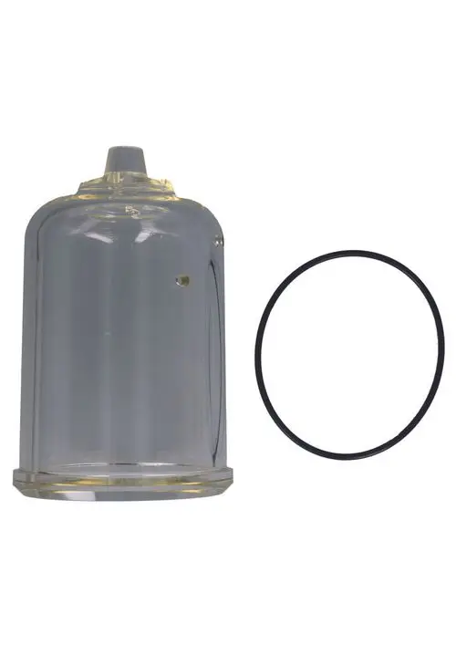 Transparente Filterglocke mit einem O-Ring daneben, geeignet für Judo-Systeme zur Wasserfiltration. Die Glocke präsentiert einen oberen Anschluss und hat eine runde Basis.